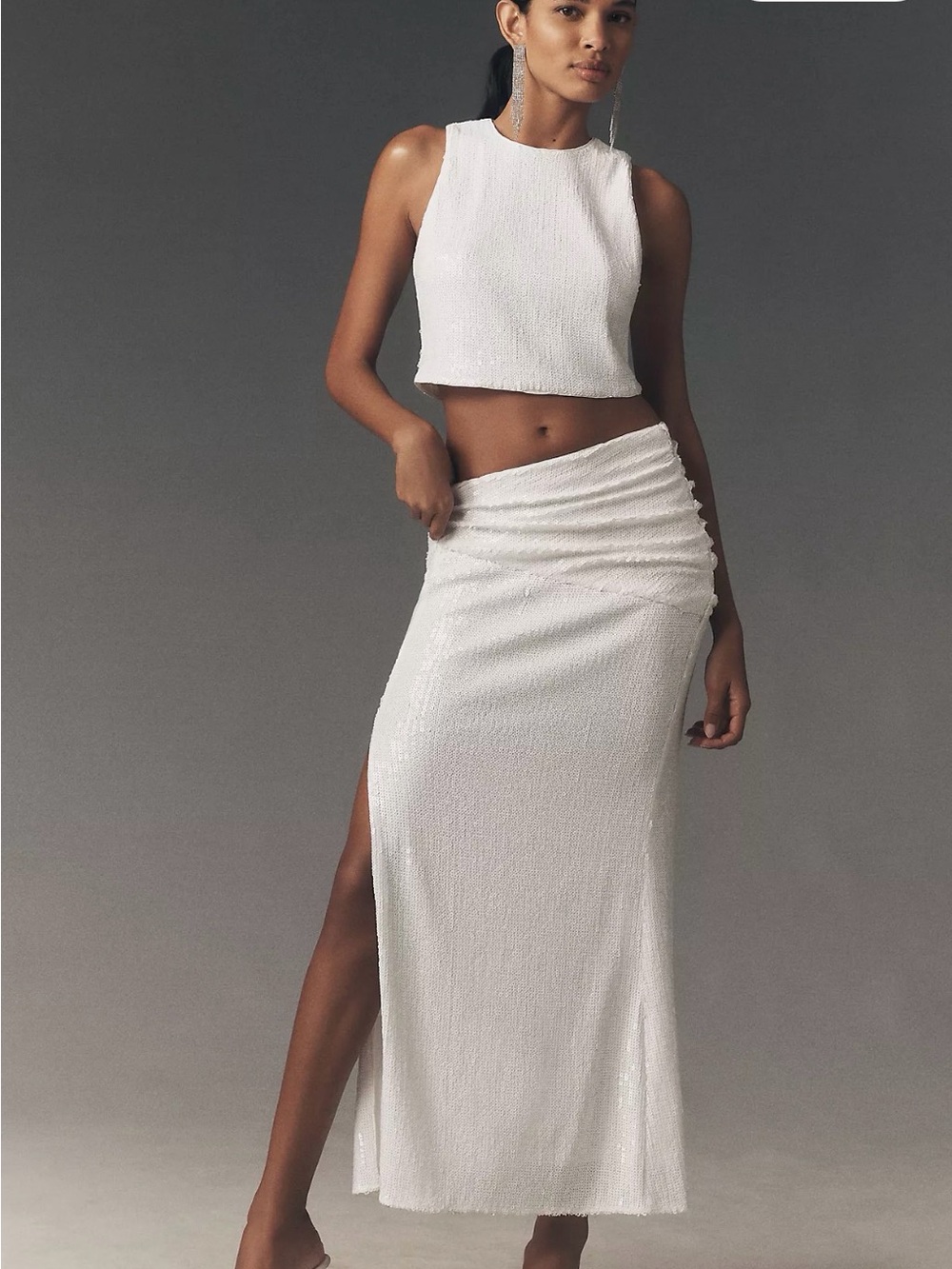 Anthropologie White Textured Ruched Side-Slit Maxi Skirt Set